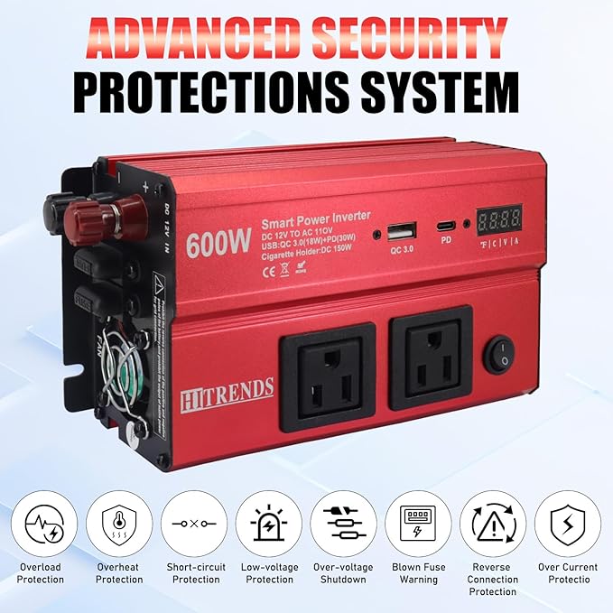 HITRENDS 600W Car Inverter, 12V DC to 110V AC,