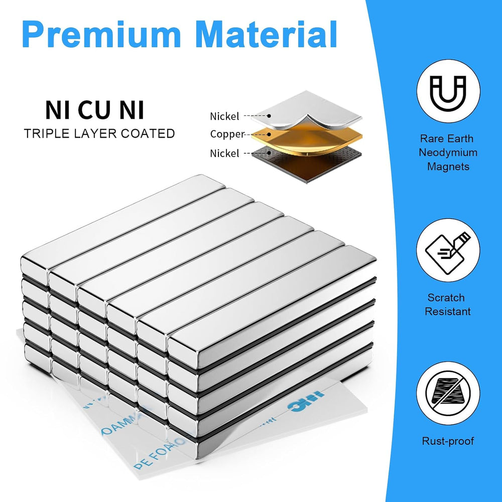 Rare Earth Neodymium Magnets with Double Sided Adhesive, 60x10x5mm, 30 Pack