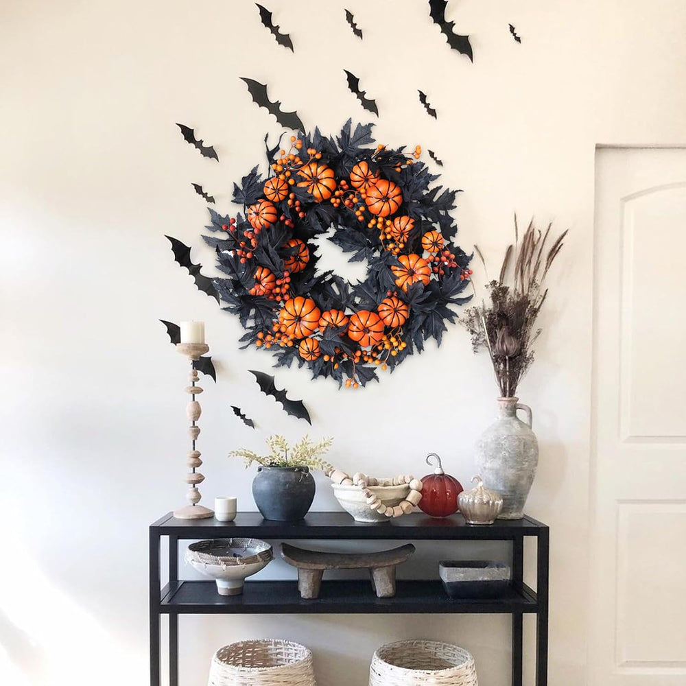 Halloween Wreaths Black Maple Leaf Wreath Orange Pumpkin Wreath Holiday Decor...