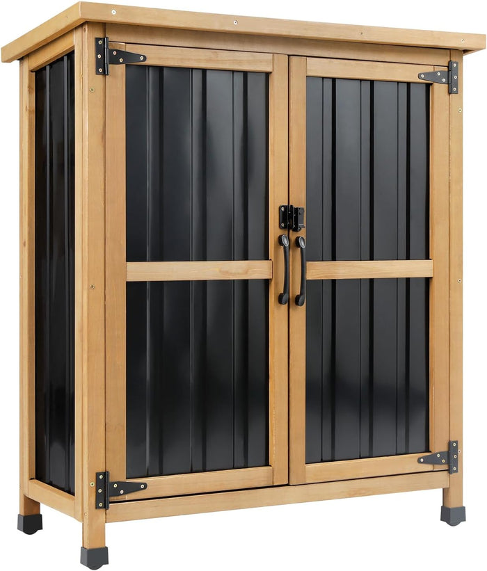 Wood & Metal Outdoor Storage Cabinet with Waterproof Roof, Garden Tool Shed with 4 T-Hinge, 4 Adjustable feet and Magnetic Door, 2 Removable Shelves, Easy Installation, 13.5" D x 34.5" W x 39" H