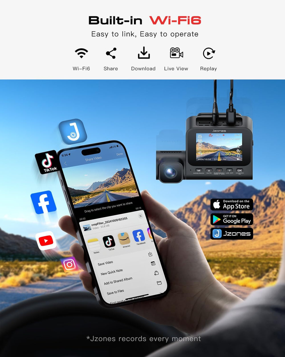 Jzones 4K 3-Channel Dash Cam Front and Rear with Cabin, STARVIS 2 Sensor, Das...