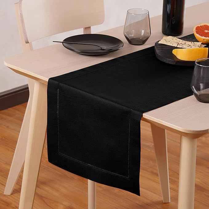 Black Table Runner 90 Inch–Cotton Linen Hemstitch Farmhouse Table Runner 14x9...