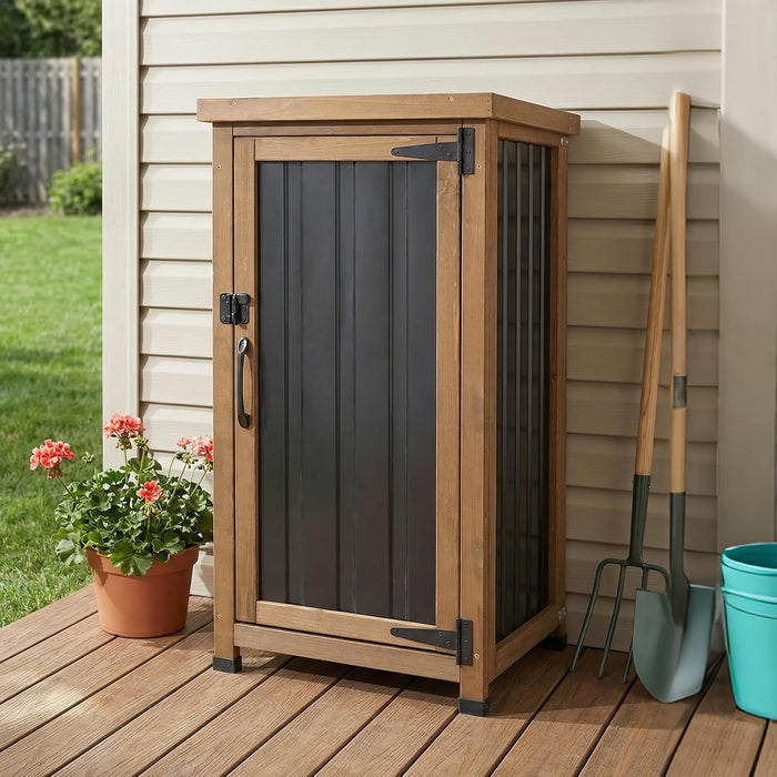 PetsCosset Small Outdoor Storage Cabinet Waterproof with Metal Top, Wood & Metal Outside Potting Bench Table Tool Organizer with Adjustable Shelf for Patio Backyard Garden