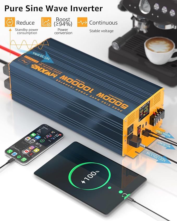 5000 Watt Power Inverter Pure Sine Wave 12V DC to 110V 120V 10000W Peak Heavy