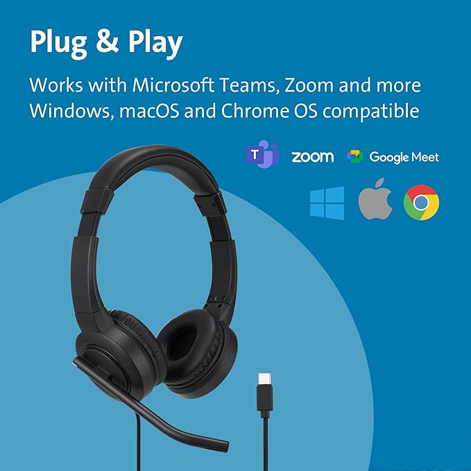 Kensington H1000 USB-C On-Ear Headset, 270° Rotating Noise-Canceling Microphone