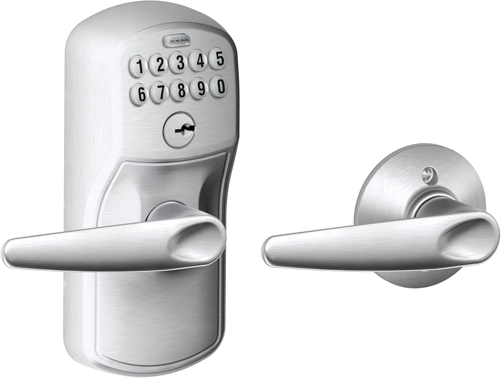 Schlage Electronic Keypad Lock, Lever Handle, Plymouth Trim, Satin Chrome