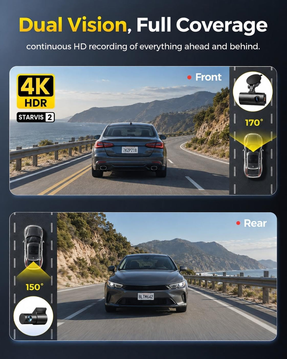 GKU 4K Dual Dash Cam Front and Rear, STARVIS 2 Sensor, 64GB Card Included