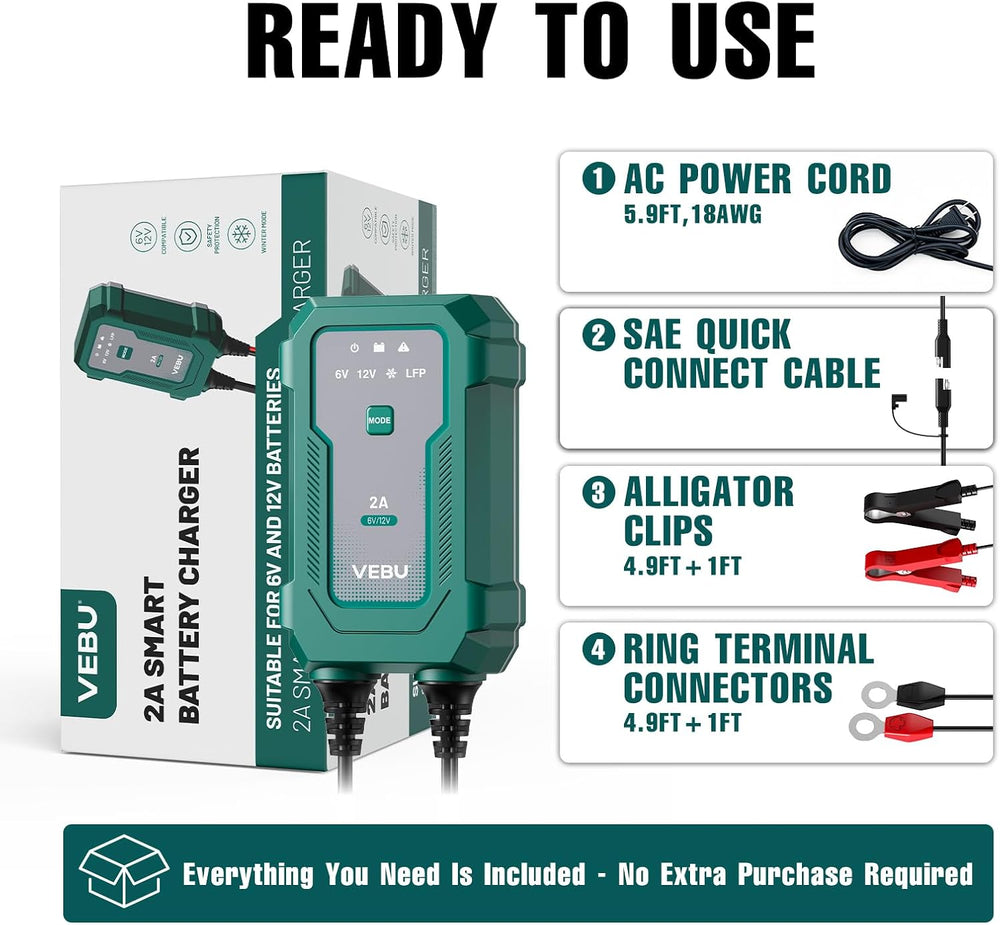 Smart 2A 6V/12V Battery Charger Maintainer - Auto Desulfator & Winter Mod...