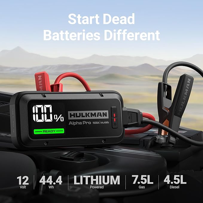 Hulkman Alpha Pro Solid Black, 1500A 44.4Wh Car Jump Starter Portable,