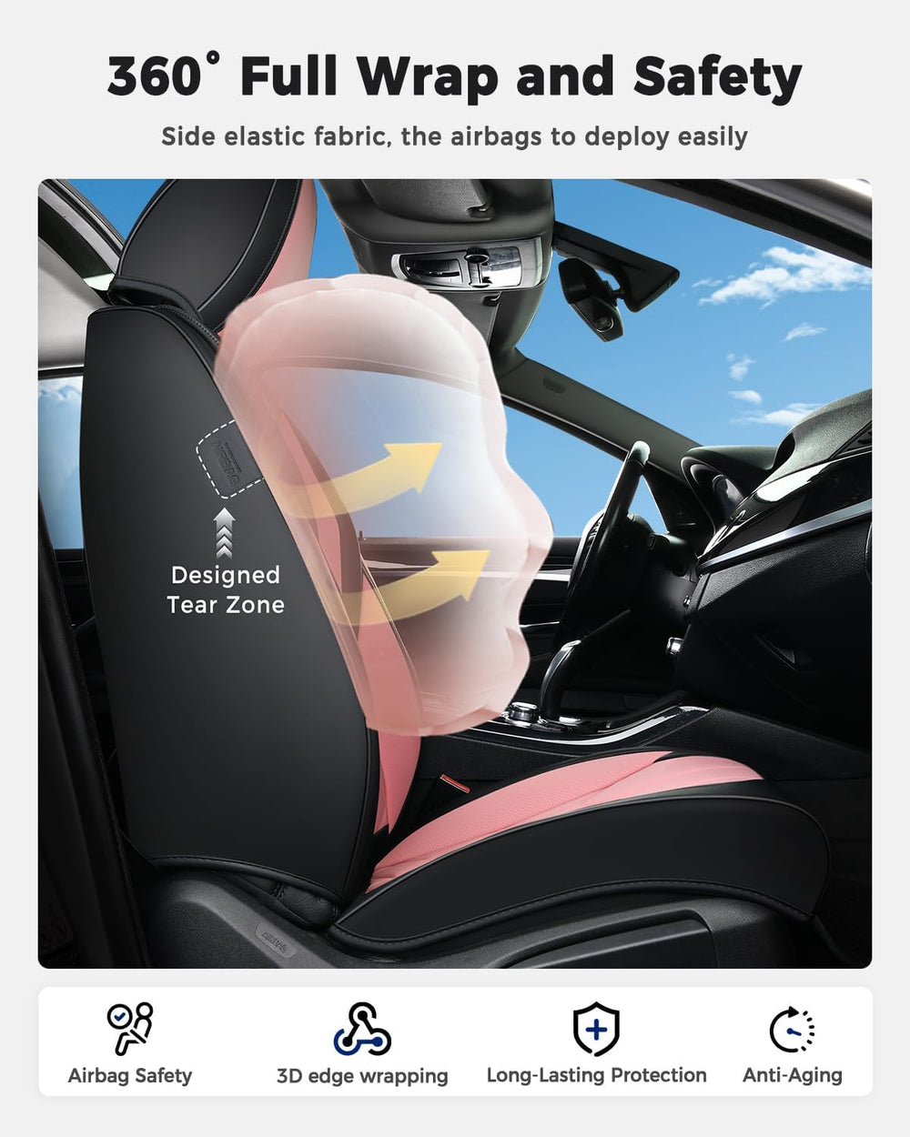 Huidasource Car Seat Covers, Universal Fit for Cars SUVs Trucks, Black&Pink