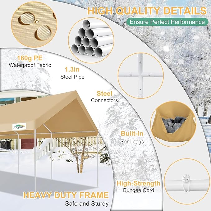 COBIZI Carport 12x20ft Heavy Duty Portable Garage, 2.0 Powder Coated Frame