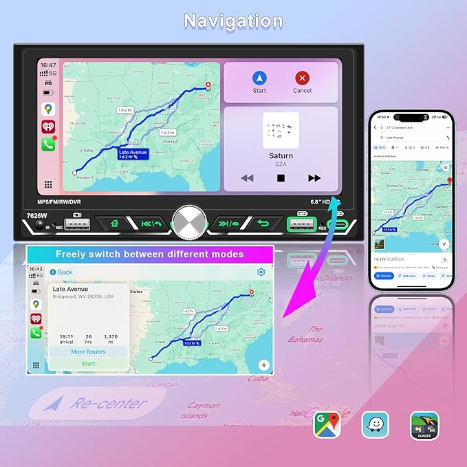 Wireless Apple CarPlay, Double Din Car Stereo, FM AM Car Radio, HD 1280*600