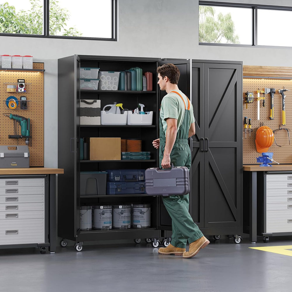 Letaya Metal Garage Storage Cabinet with Wheels,72" Black Tool Steel Locker