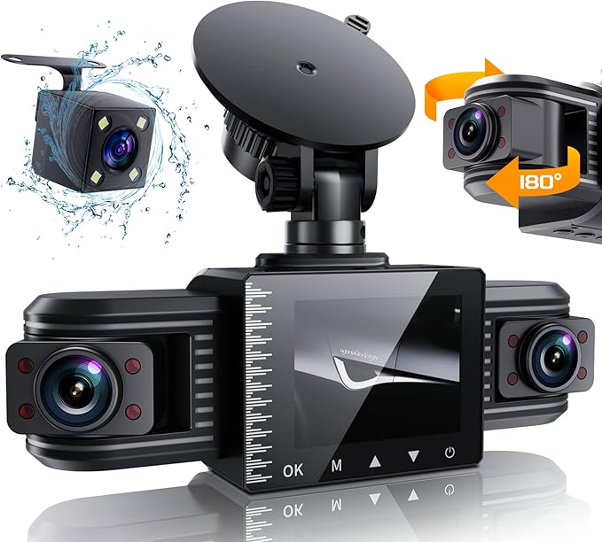 iiwey T1-pro Dash Cam Front and Rear Inside 3 Channel 1080P, Adjustable Lens