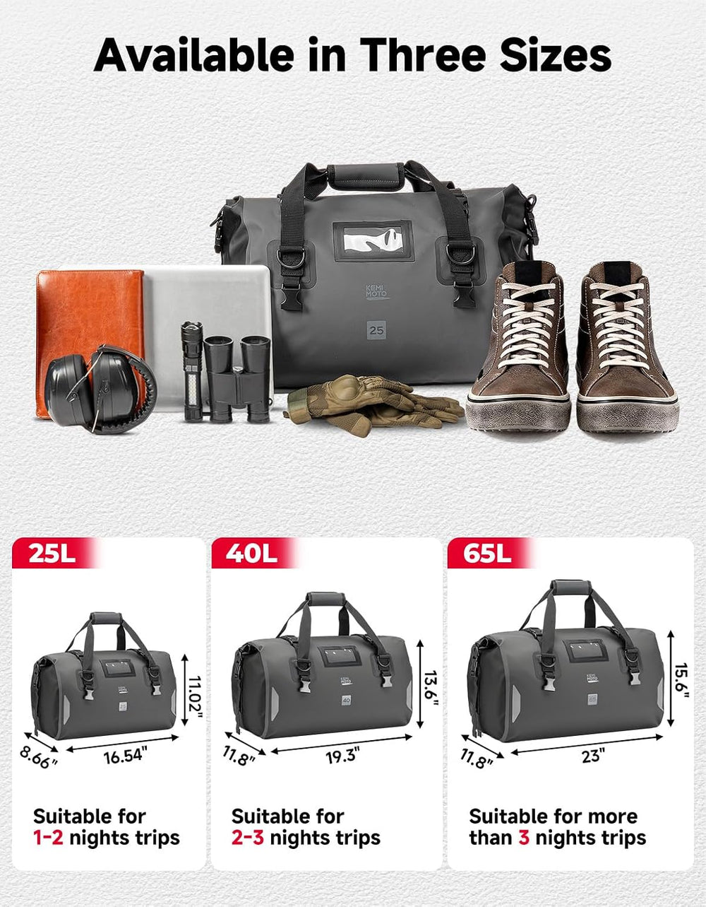 KEMIMOTO Waterproof Motorcycle Dry Bag – Duffle Tail Bag Soft Luggage, 25L/40...