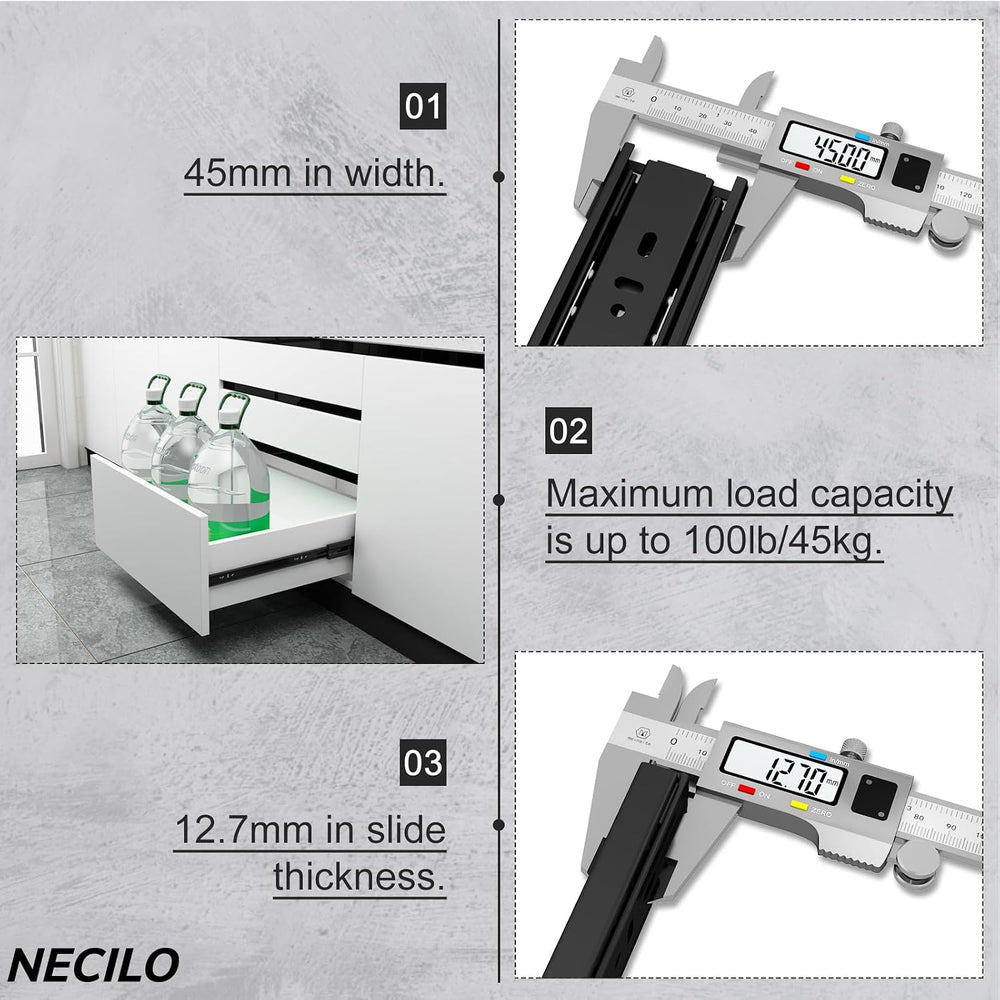 NECILO 12 Inch Push to Open Slides, 100lb Full Ext Ball Bearing, 5 Pairs