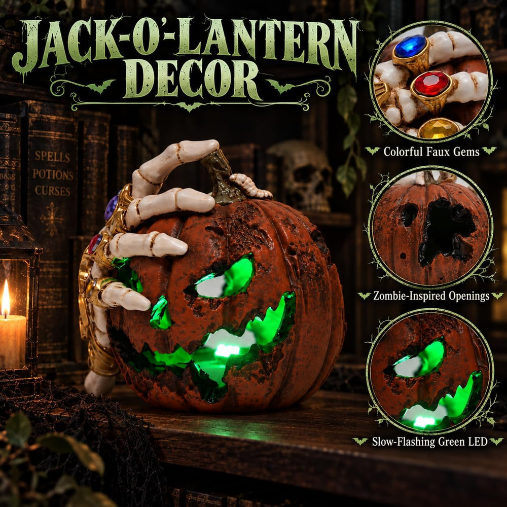 Halloween Jack O Lantern with Skeleton Hand, Green LED Pumpkin Light