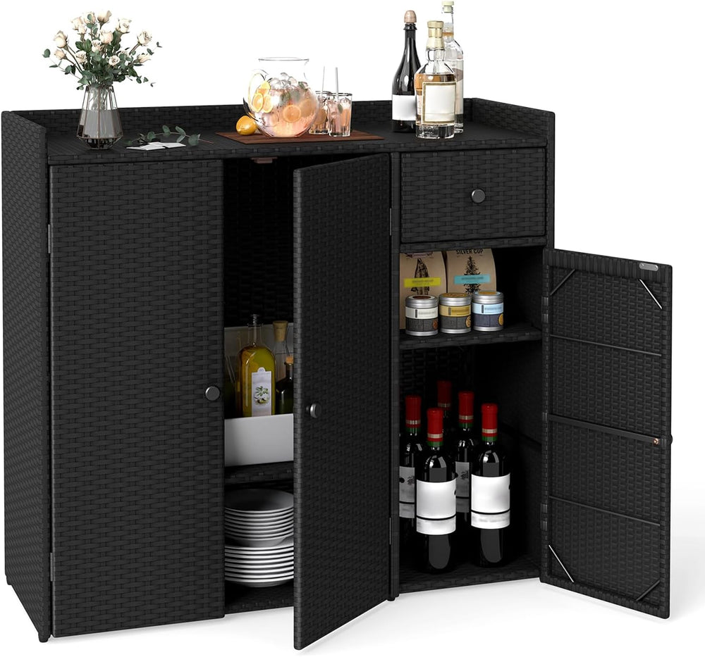 Tangkula Rattan Outdoor Storage Cabinet with 2 Adjustable Shelves