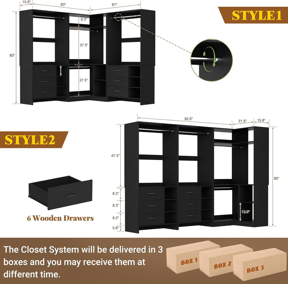 Aheaplus Closet System with 6 Drawers, 4 Hanging Rods & Corner Tower, Cor...