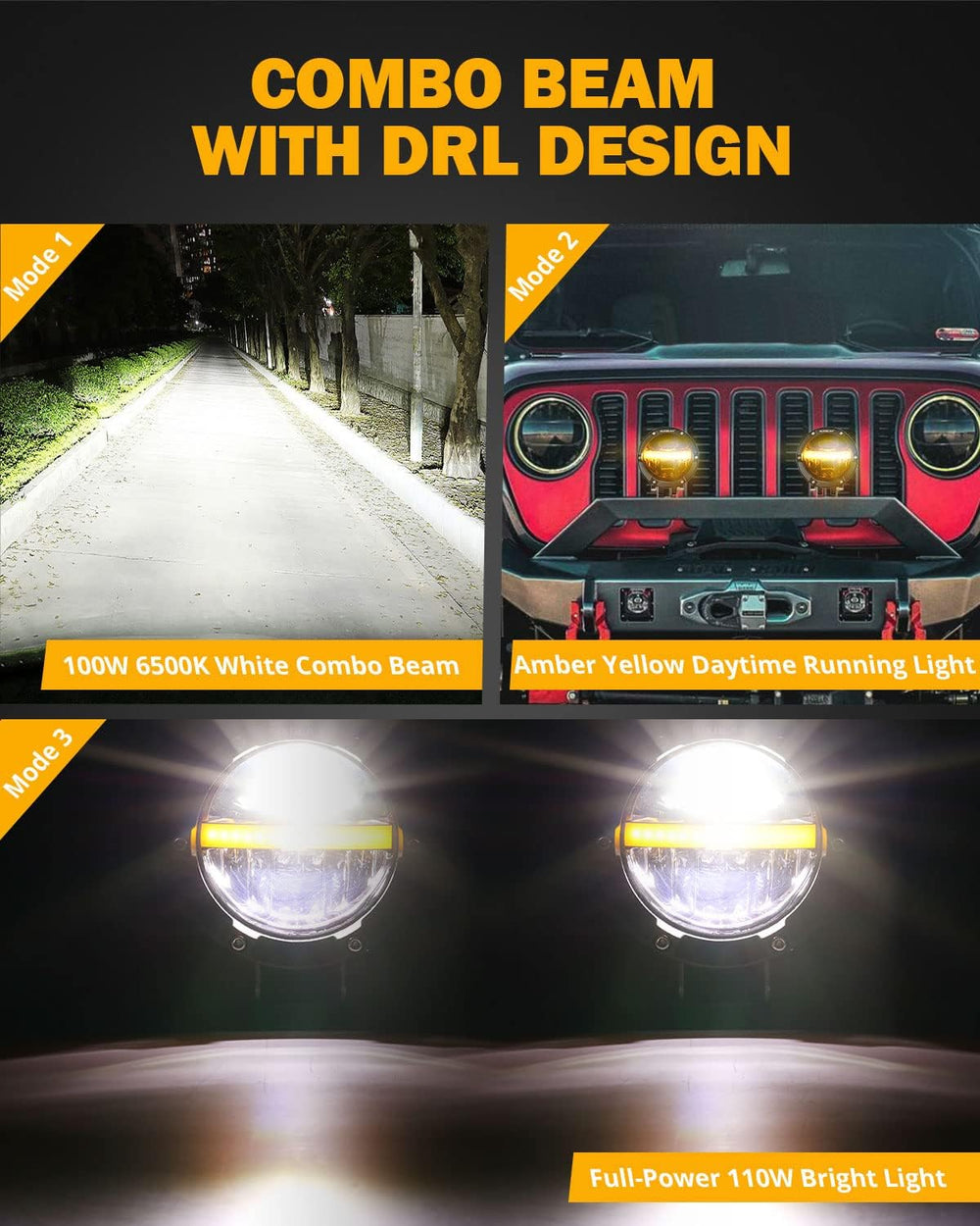 Auxbeam C4 Series 4 Inch 110W Round Light Offroad Pods with Amber DRL, Pair