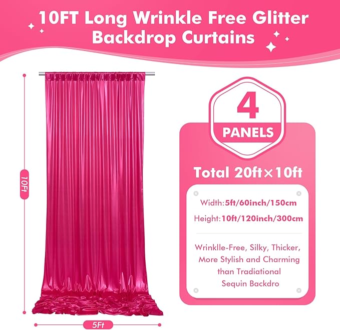 20x10ft Shimmer Hot Pink Sequin Backdrop Curtain for Parties, Thick Wrinkle F...