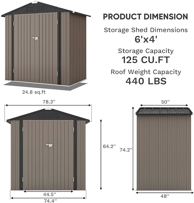 Patiowell 6x4 FT Outdoor Storage Shed, Garden Tool Storage Shed