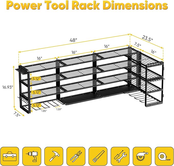 64”W Power Tool Organizer Wall Mount, Heavy Duty 8-Drill Cordless Drill Holder