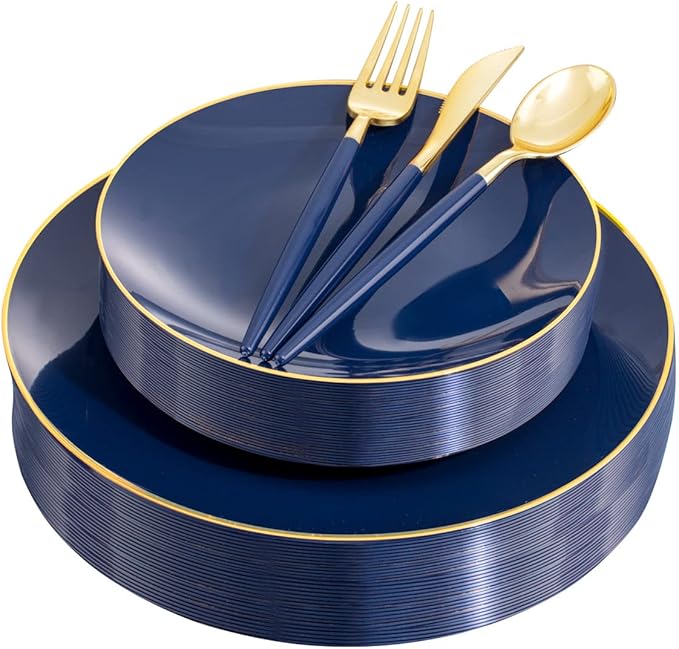 Liacere 150PCS Blue Plastic Plates - Gold Plastic Silverware with Blue Handle...