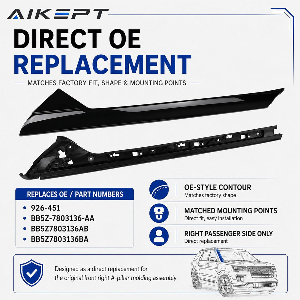 Right Passenger Side Windshield A-Pillar Molding Trim, Outer Cover Compatible...