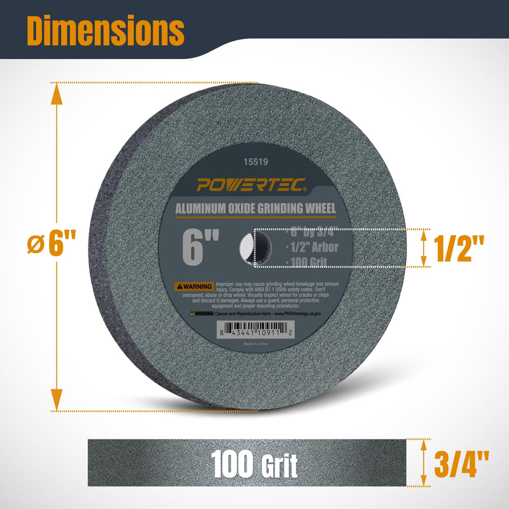 POWERTEC Bench Grinder Wheel, 6 Inch Grinding Wheel 100 Grit, Aluminum Oxide,...