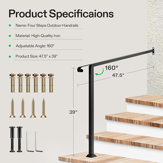 VIVOSUN Outdoor Handrail, 4 Step Stair Handrail, 47.5" x 39" Fits 1...