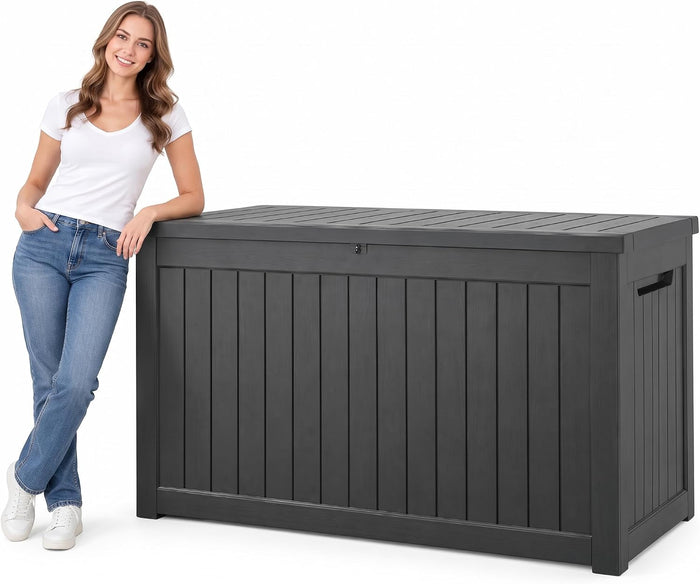 300 Gallon Outdoor Storage Box Resin Deck Box All Weather Waterproof Large Lockable Storage Container Deck Box for Patio Furniture, Garden Tools, Lockable, Black