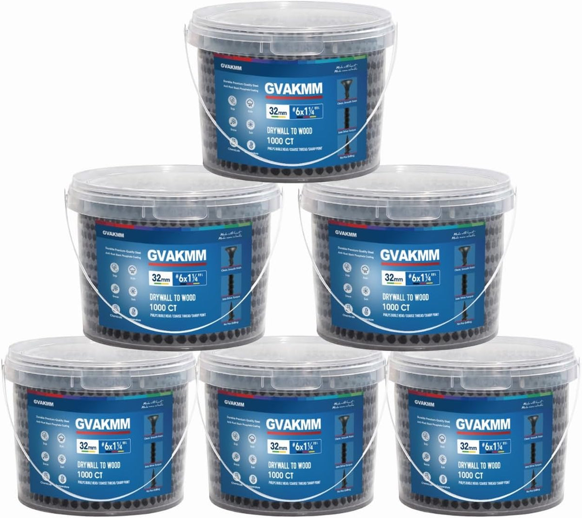 #6 ×1-1/4 inch Drywall to Wood Collated Screws – 6000 Count (6 Pack of 1000-Count Buckets), Black Coarse Thread Sheetrock Screws