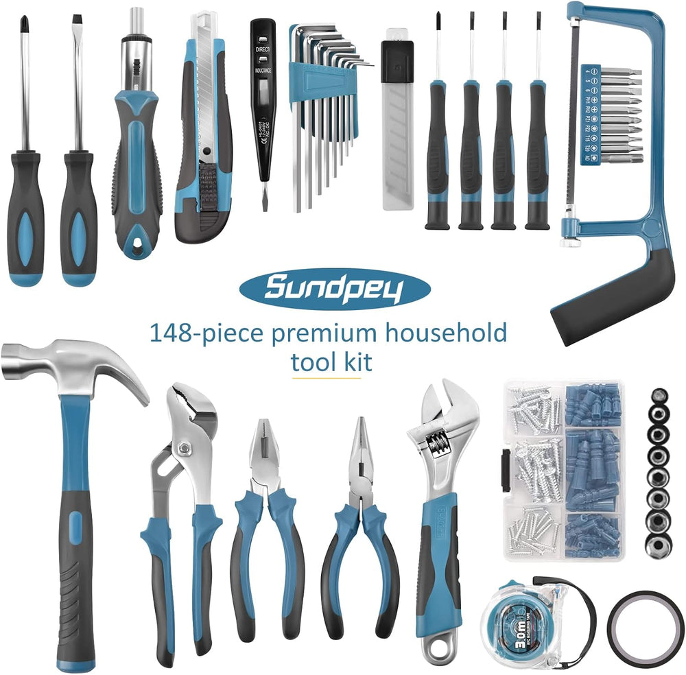 Sundpey 148 Pcs Portable Basic Hand Repair Home Tool Kit Set with Case Blue