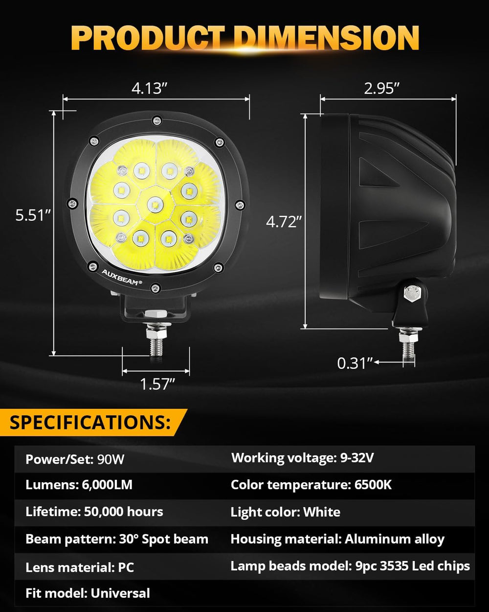 Auxbeam 4In 90W Round Led Offroad Lights, 2PCS 9000LM Led Light Pod Super Bri...