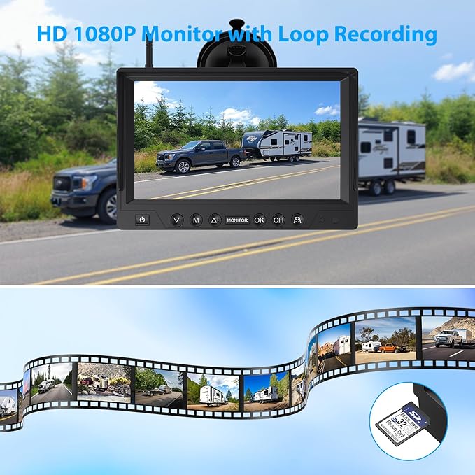 4 Magnetic Solar Wireless Backup Camera HD1080P 9" Loop Recording Monitor
