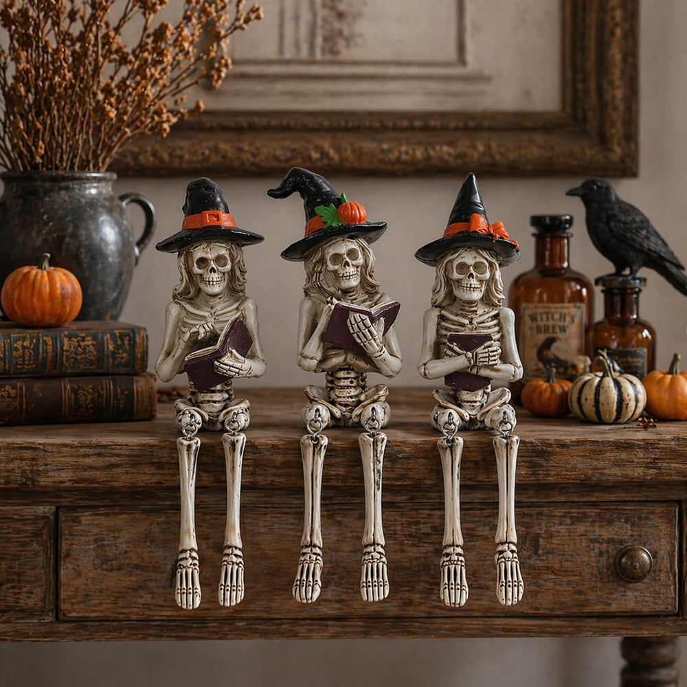Dlfghos 3 Pieces Halloween Skeleton Statue Halloween Skull Figurine Home Deco...