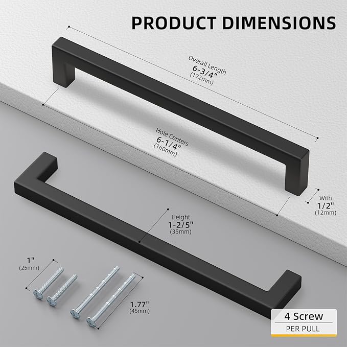 goldenwarm 22 Pack 6-1/4INCH Black Square Bar Cabinet Pull Drawer Handle