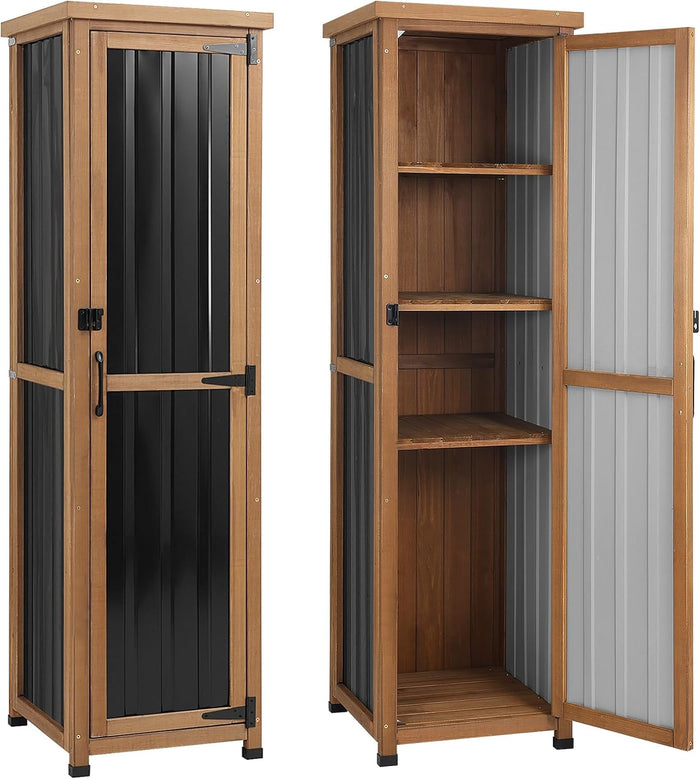 62" H Tall Narrow Outdoor Storage Cabinet with Metal Top, Outdoor Shed Storage Unit Waterproof with Adjustable Shelves for Garden, Patio, Living Room, or Entryway Storage, Black