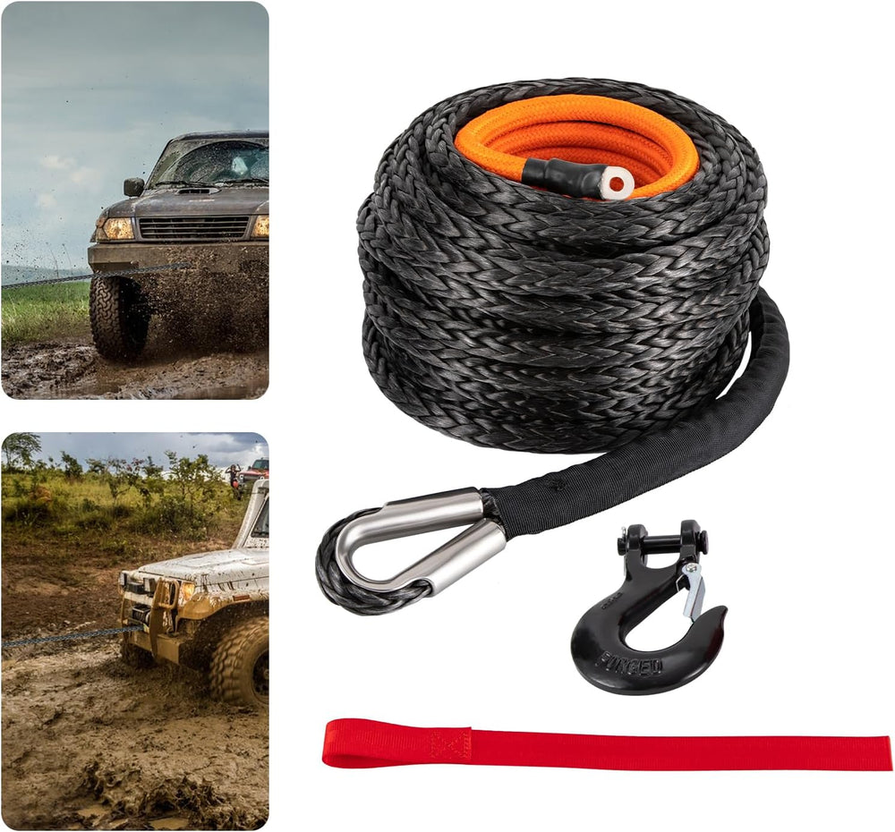 9/16" x76' Synthetic Winch Rope with Hook, Winch Cable with Protecti...