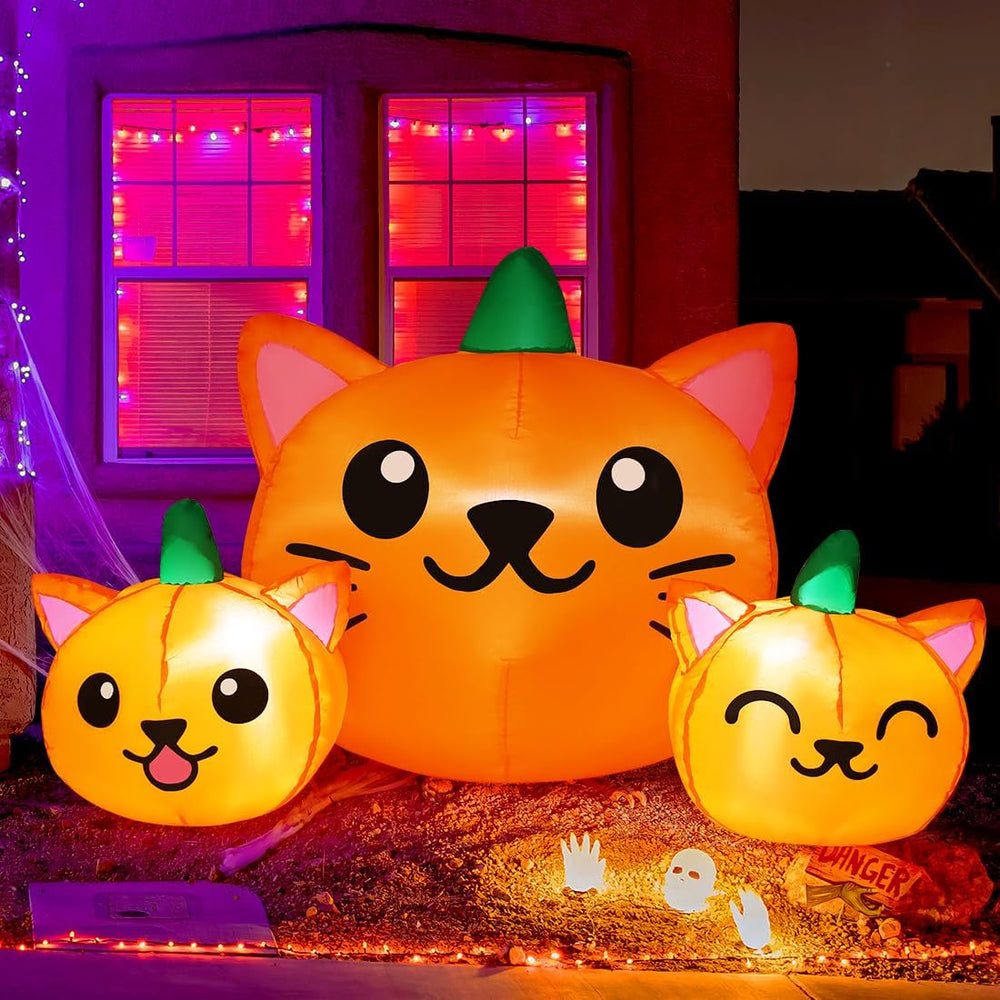 COMIN Halloween Inflatable 5FT Long Three Pumpkin Cat Head Combo with Built-i...
