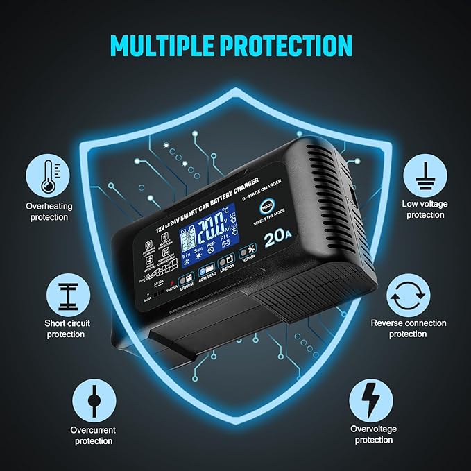 Battery Charger 0-20A 12V/24V Lithium LiFePO4 Lead Acid Fully Automatic