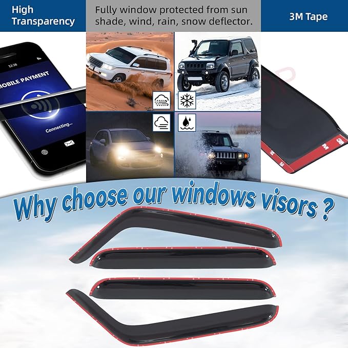 Set of 4 Front+Rear Smoke Sun/Rain Guard Outside Mount Tape-On Acrylic Window