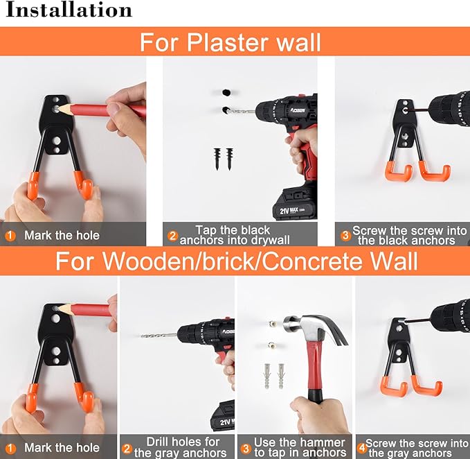 AOBEN Garage Hooks, Power Tool, Ropes-Orange (24PCS)