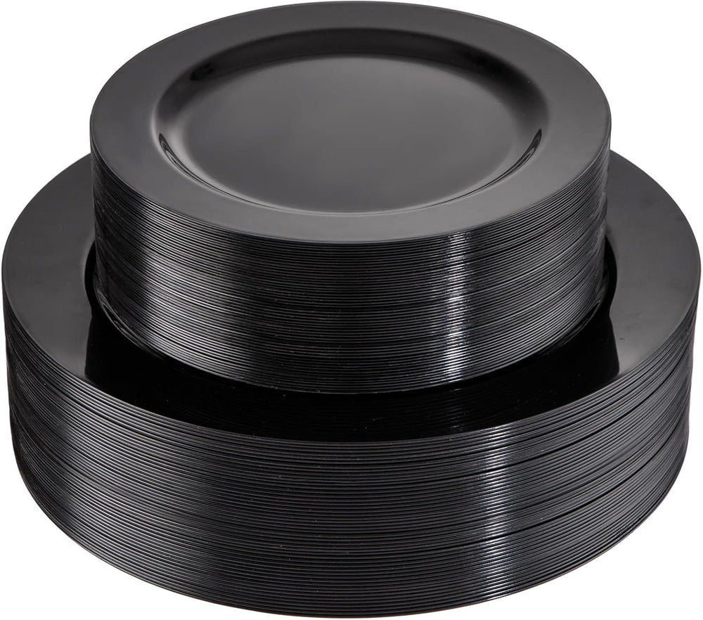 FLOWERCAT 100PCS Black Plastic Plates - Heavy Duty Black Disposable Plates fo...