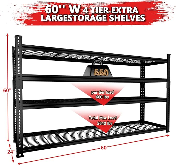 Storage Shelves, Garage Shelving Heavy Duty 2640LBS Capacity, 4 Tier Utility