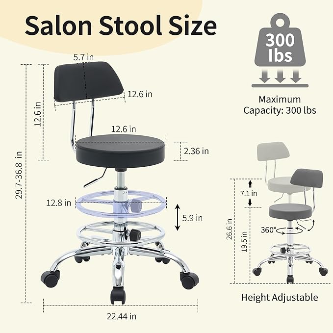 Rolling Stool with Back, Adjustable Height Foot Rest Rolling Salon Chair