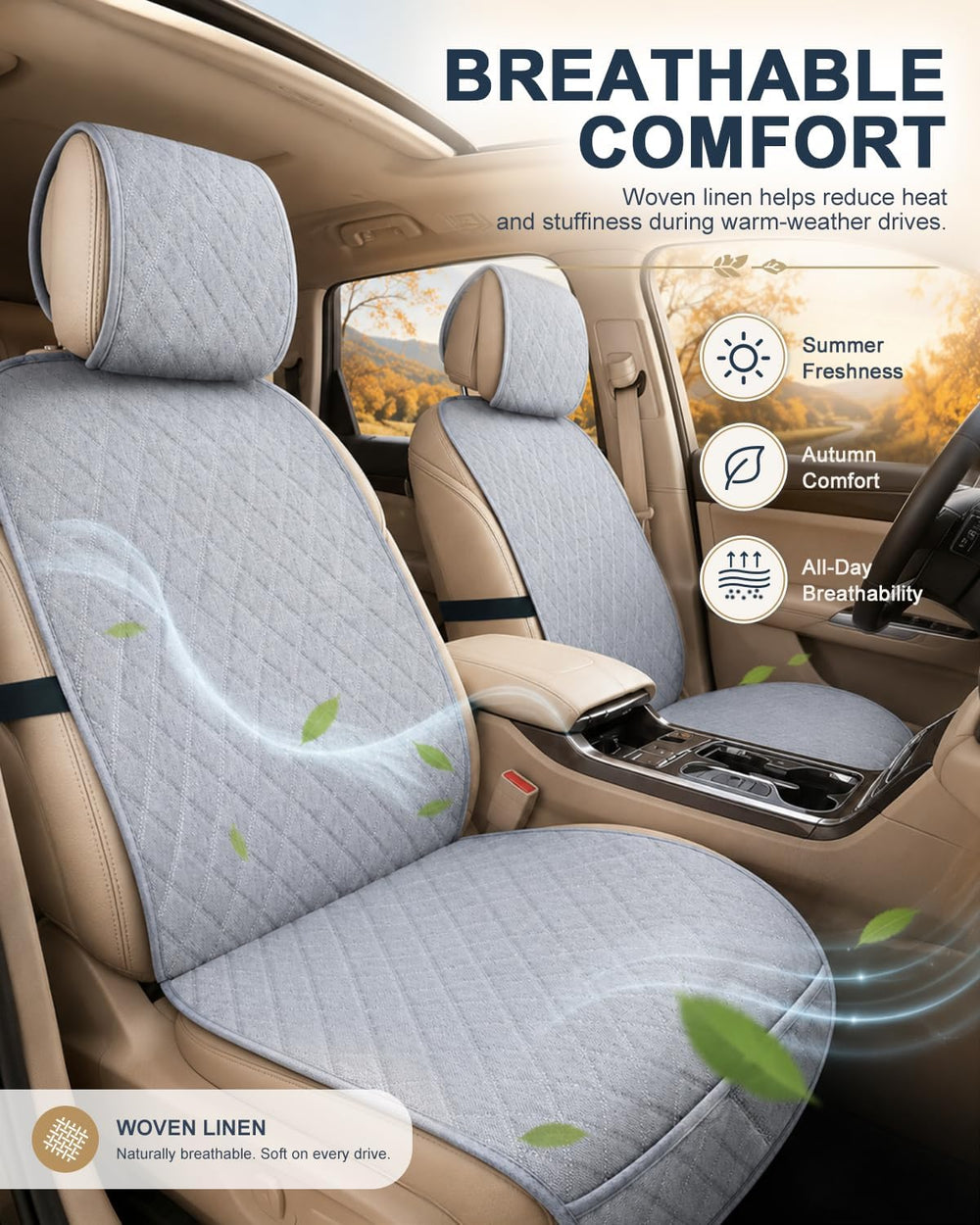 Linen Car Front Seat Covers, Breathable Linen Car Seat Protector