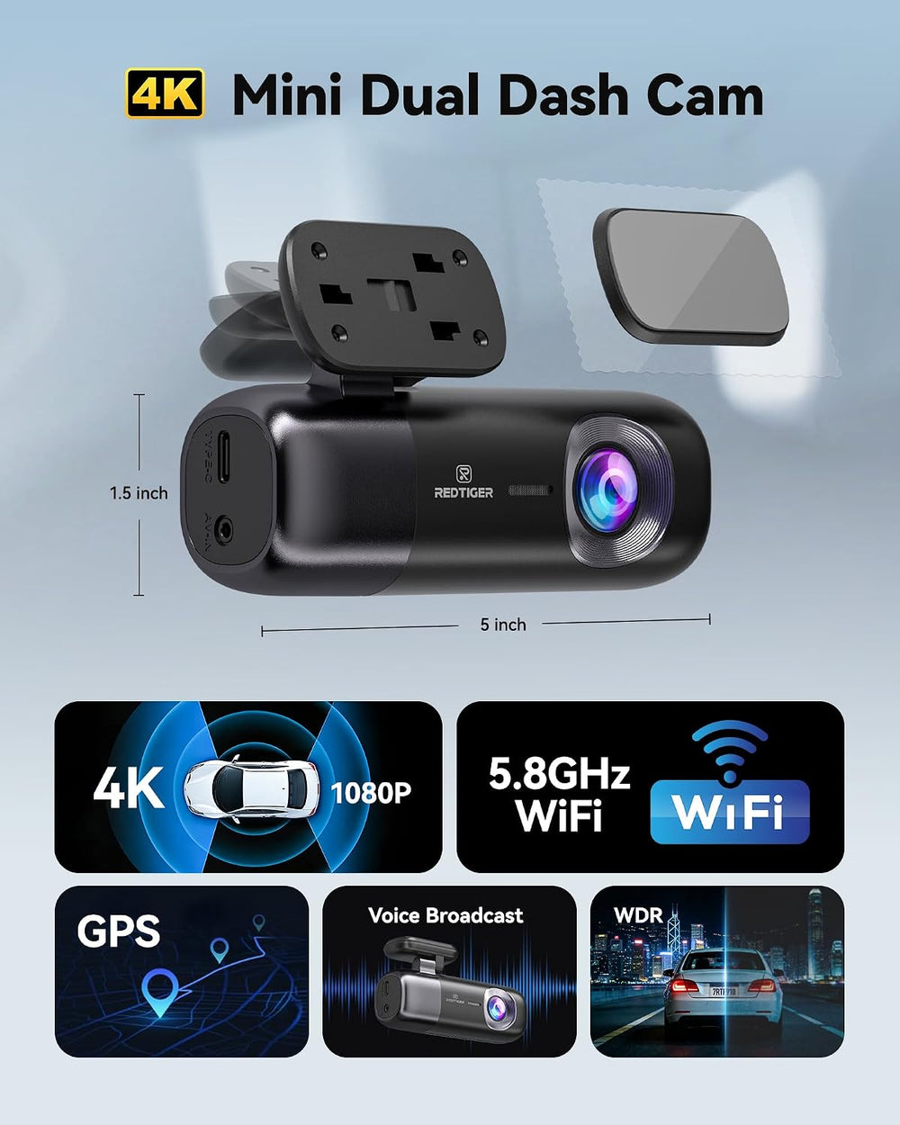 REDTIGER F9 4K Dash Cam Front and Rear 1080P, 5.8GHz WiFi & Smart App