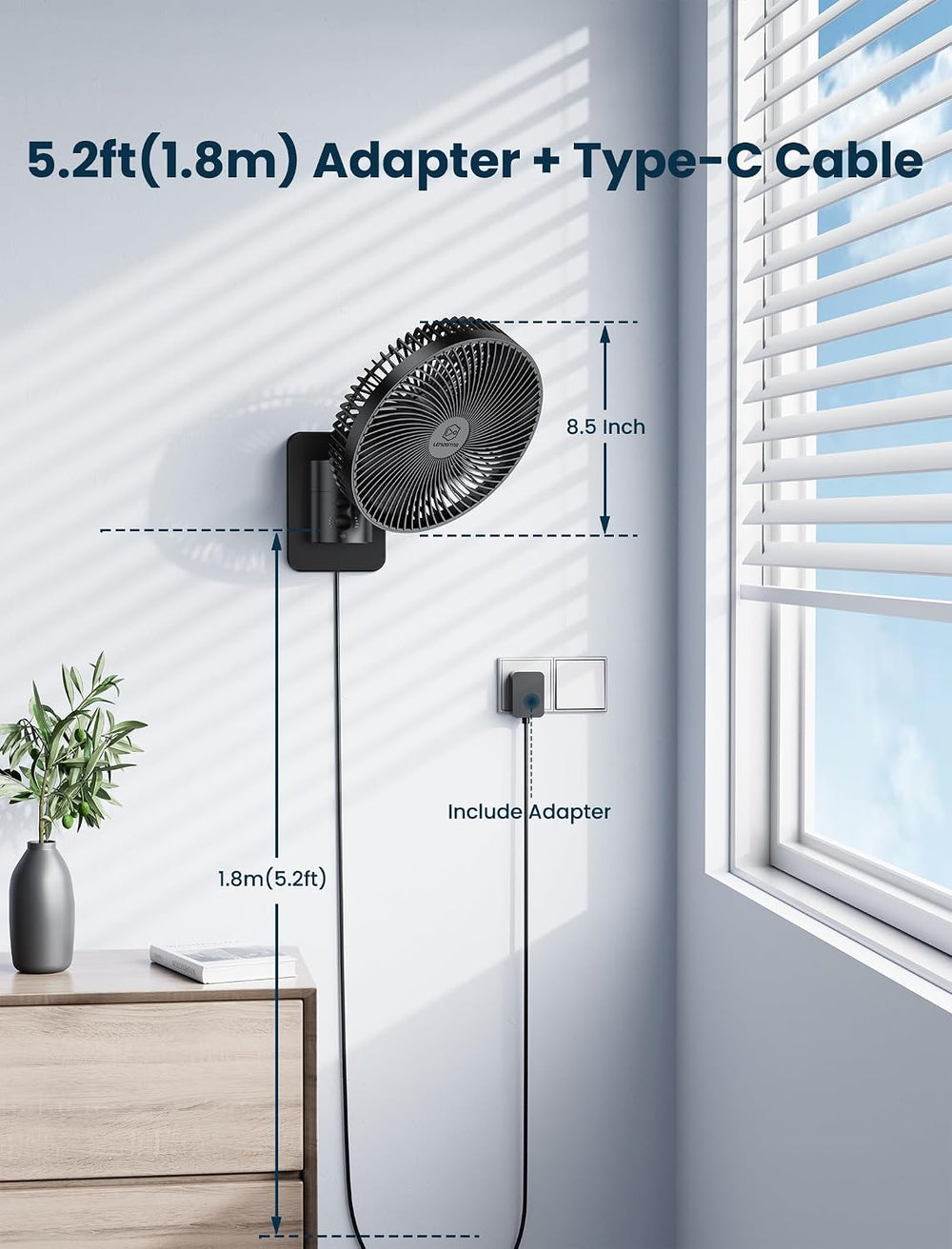 8.5-Inch Quiet Wall-Mounted Oscillation Fan with Remote & Timer, 4-Speed ...